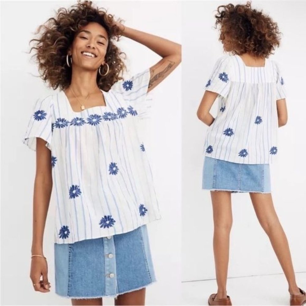 Madewell Floral Embroidered Butterfly Top in Stripe Square Neck Blouse Small